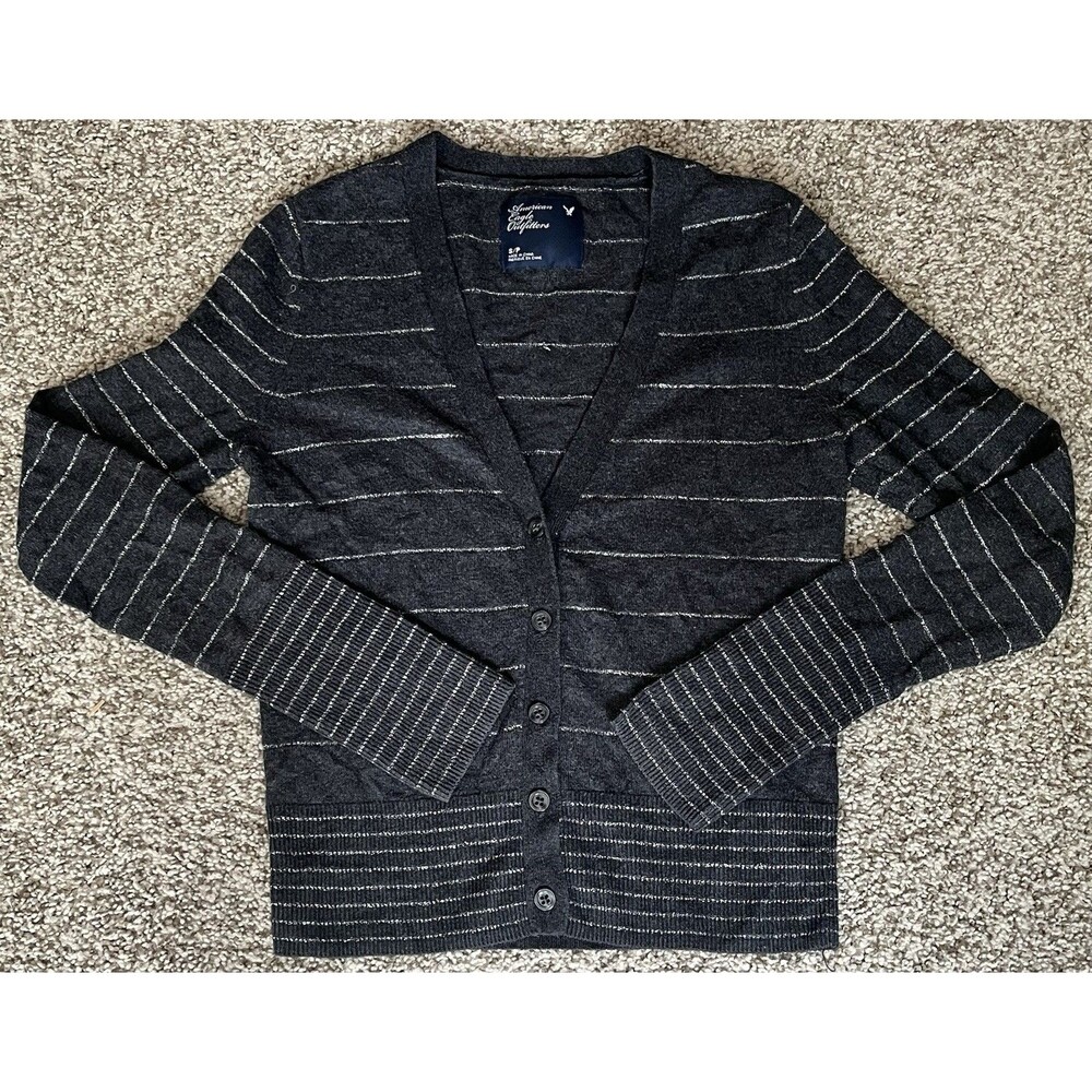 Women's American Eagle Gray Striped Cardigan Sweater, Small